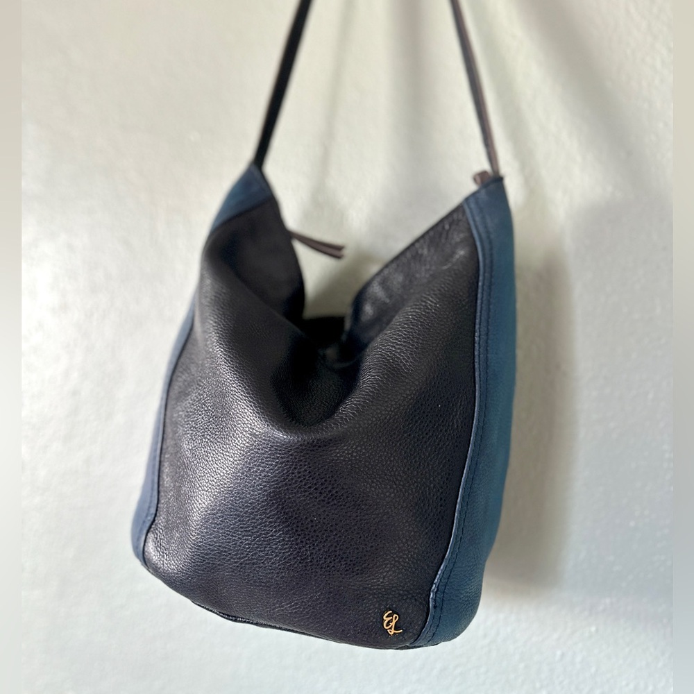 ELLIOTT LUCCA “Keri” Soft Pebbled Leather Bucket Bag | Black & Indigo